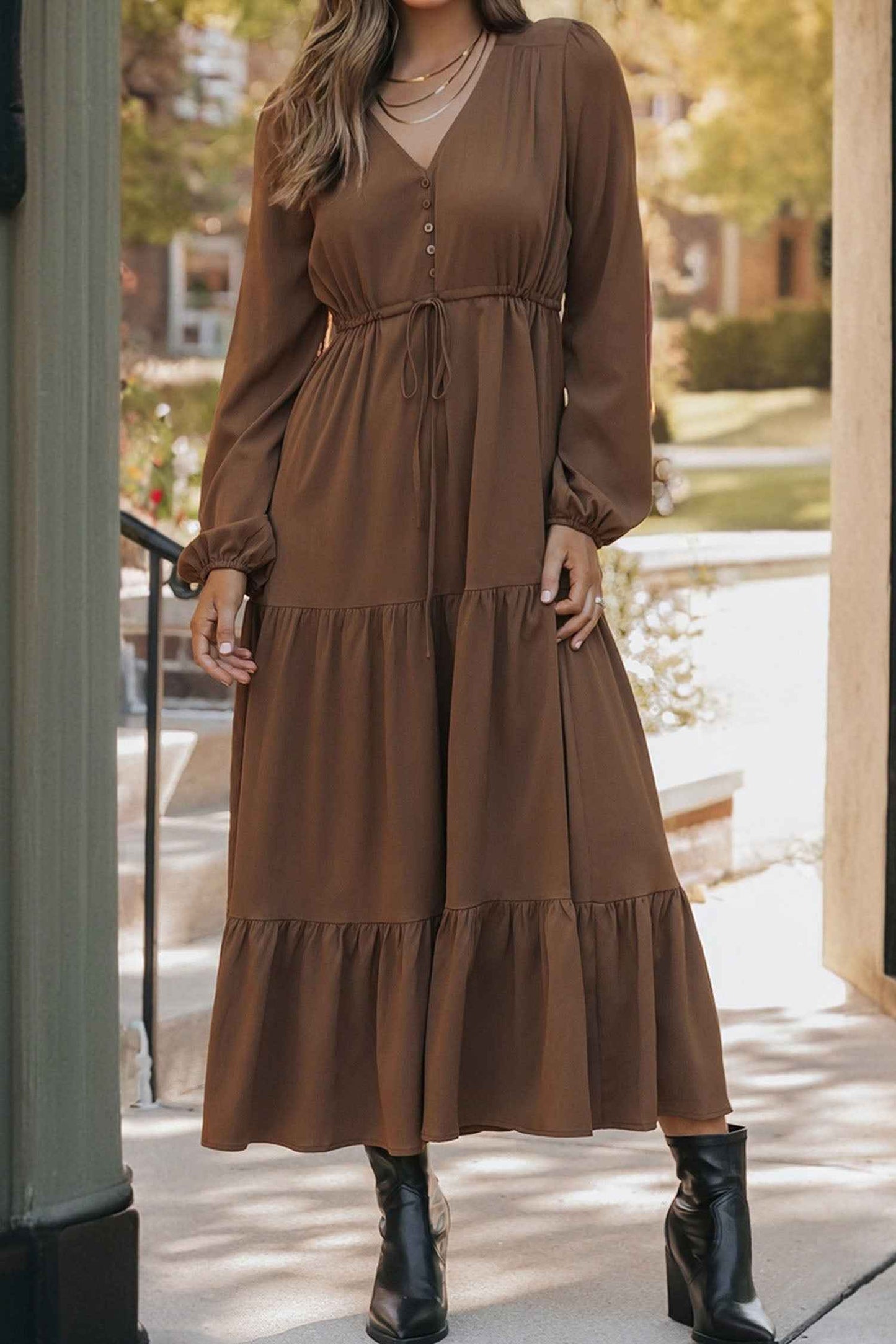 Burgundy Solid Long Sleeve Button V Neck Tiered Maxi Dress