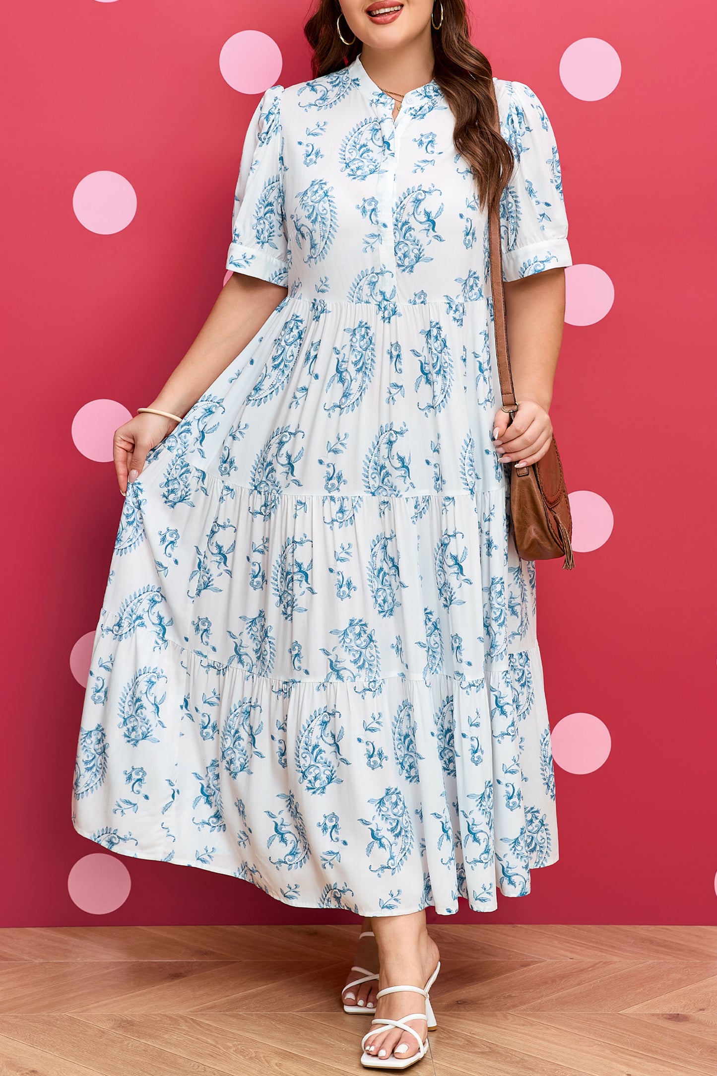 Sky Blue Plus Size Geometric Floral Print Button Split Neck Short Sleeve Maxi  Dress - Mod Yours