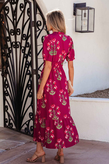 Red Floral Print Frilled V Neck Short Sleeve Ruffle Maxi Dress