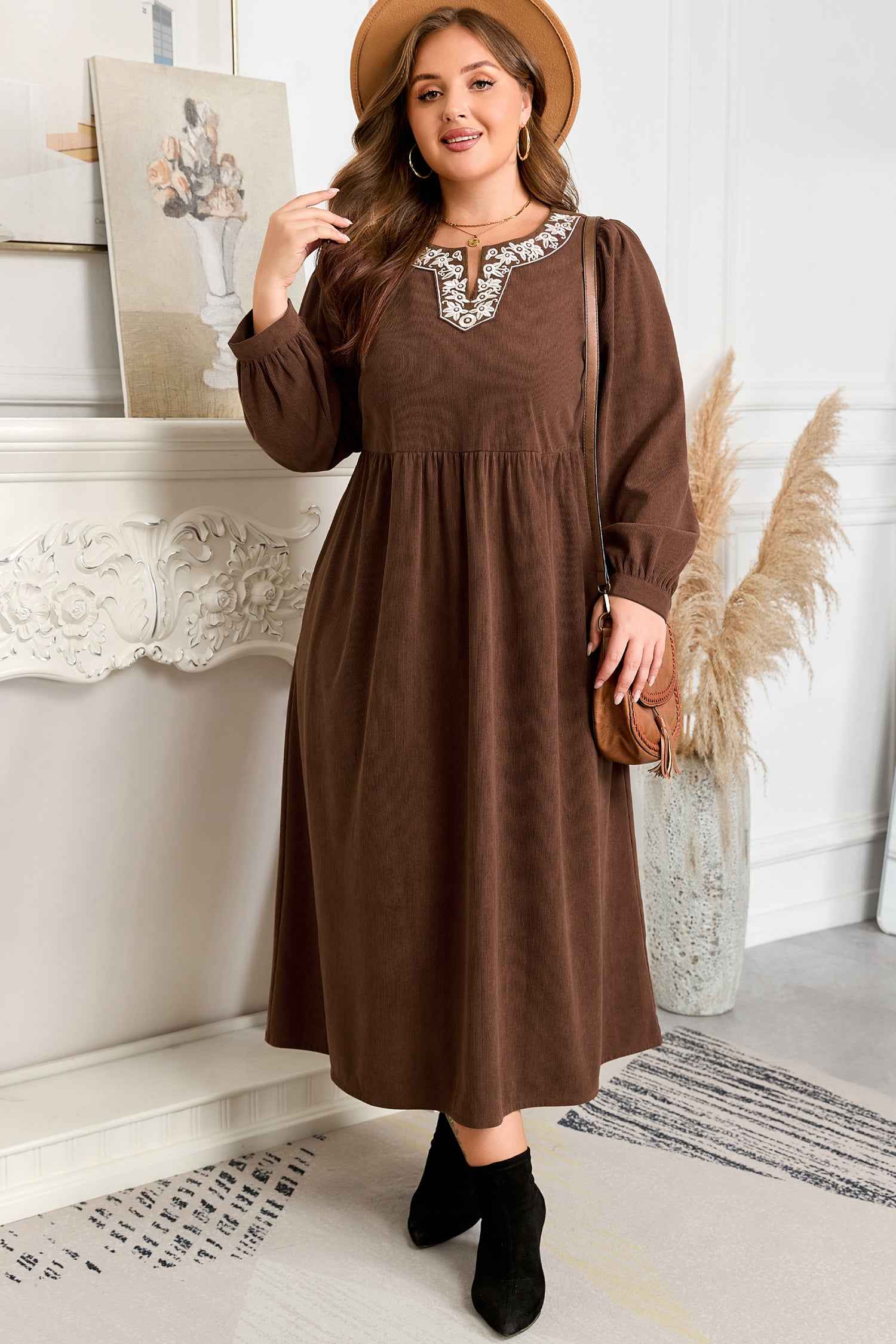 pleated midi dress plus size Coffee Embroidered Notched Neckline Textured Pleated High Waist Plus Size  Midi Dress
