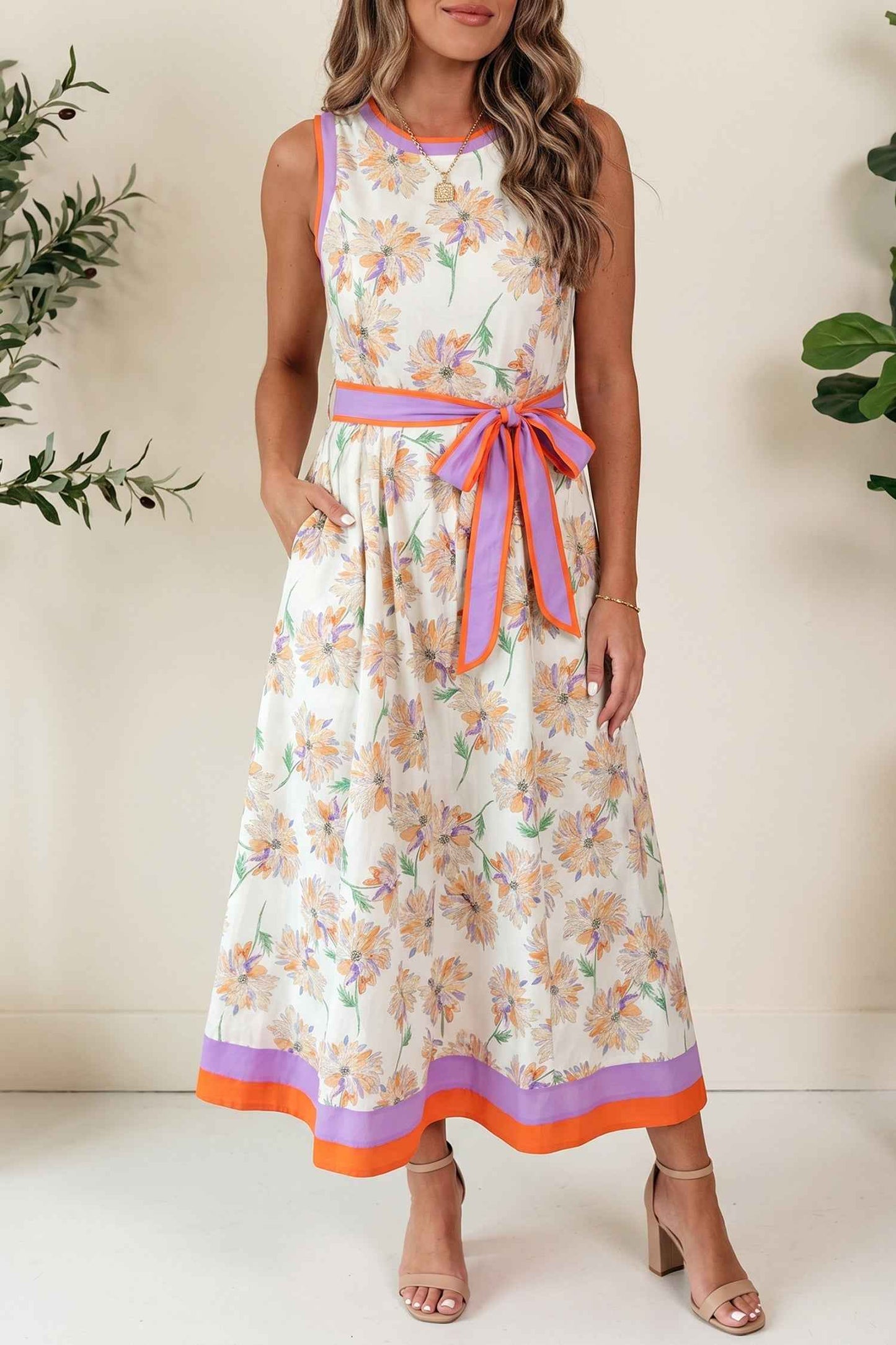White Floral Print Color Block Trim Belted Sleeveless Maxi Dress