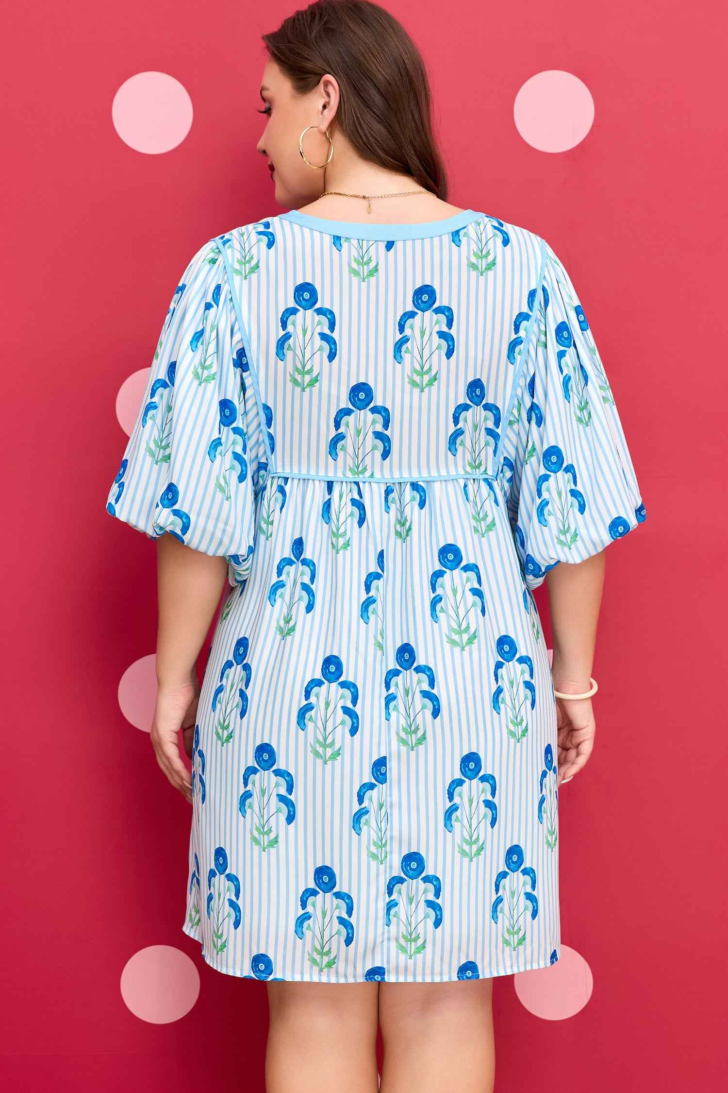 Sky Blue Floral Striped Bubble Short Sleeve Plus Size Dress