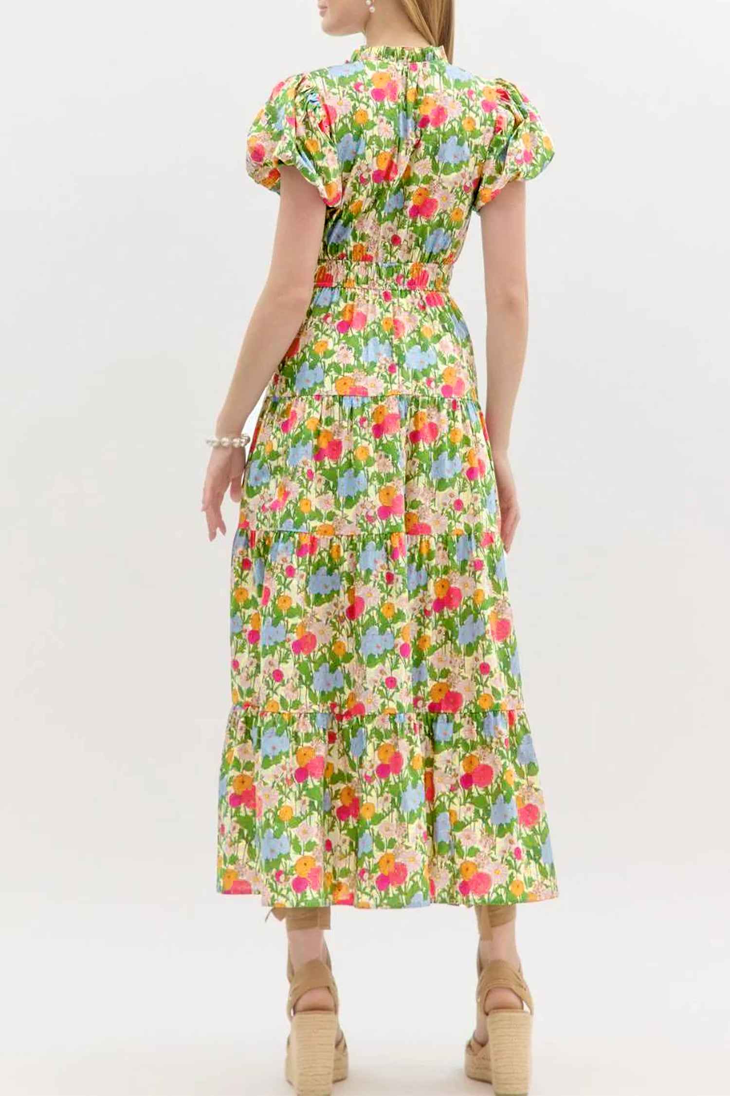 Green Floral Print V Neck Short Puff Sleeve Cotton Maxi Dress