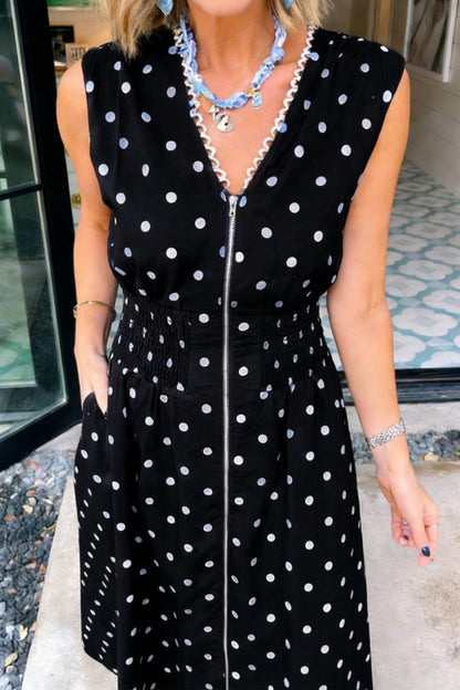 Brown Polka Dot Print Contrast Trim V Neck Zip Up Sleeveless Dress