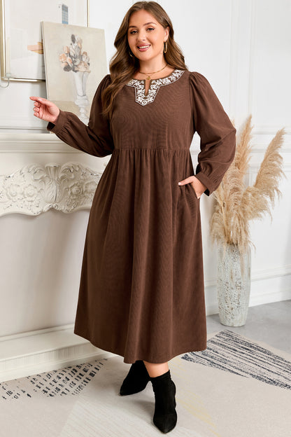high waist midi dress Coffee Embroidered Notched Neckline Textured Pleated High Waist Plus Size Midi  Dress