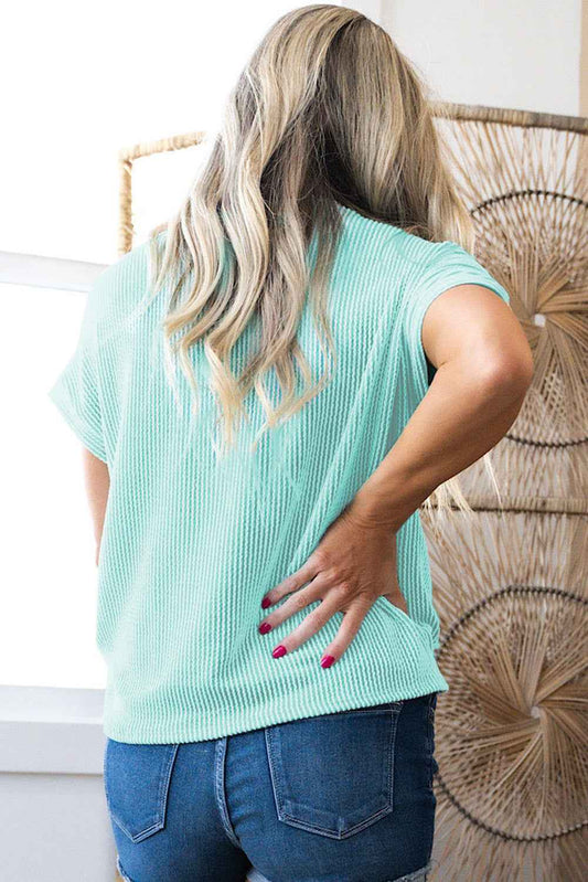 Light Blue Corded Knit Color Block Pocketed Crew Neck T Shirt