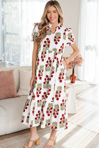 Black Floral Short Bubble Sleeve Tiered Maxi Dress