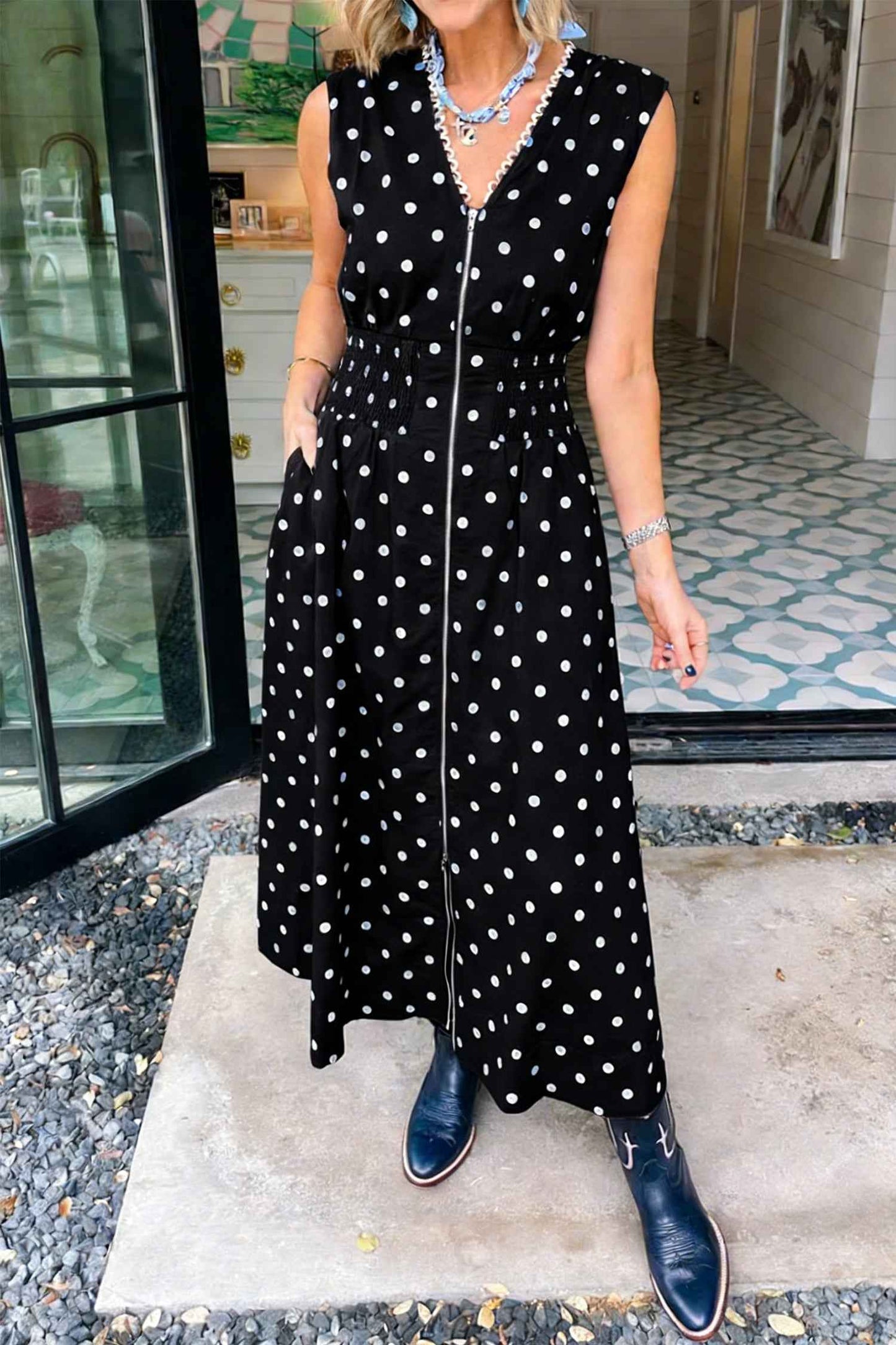 Brown Polka Dot Print Contrast Trim V Neck Zip Up Sleeveless Dress