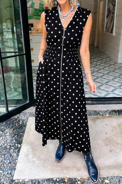 Brown Polka Dot Print Contrast Trim V Neck Zip Up Sleeveless Dress