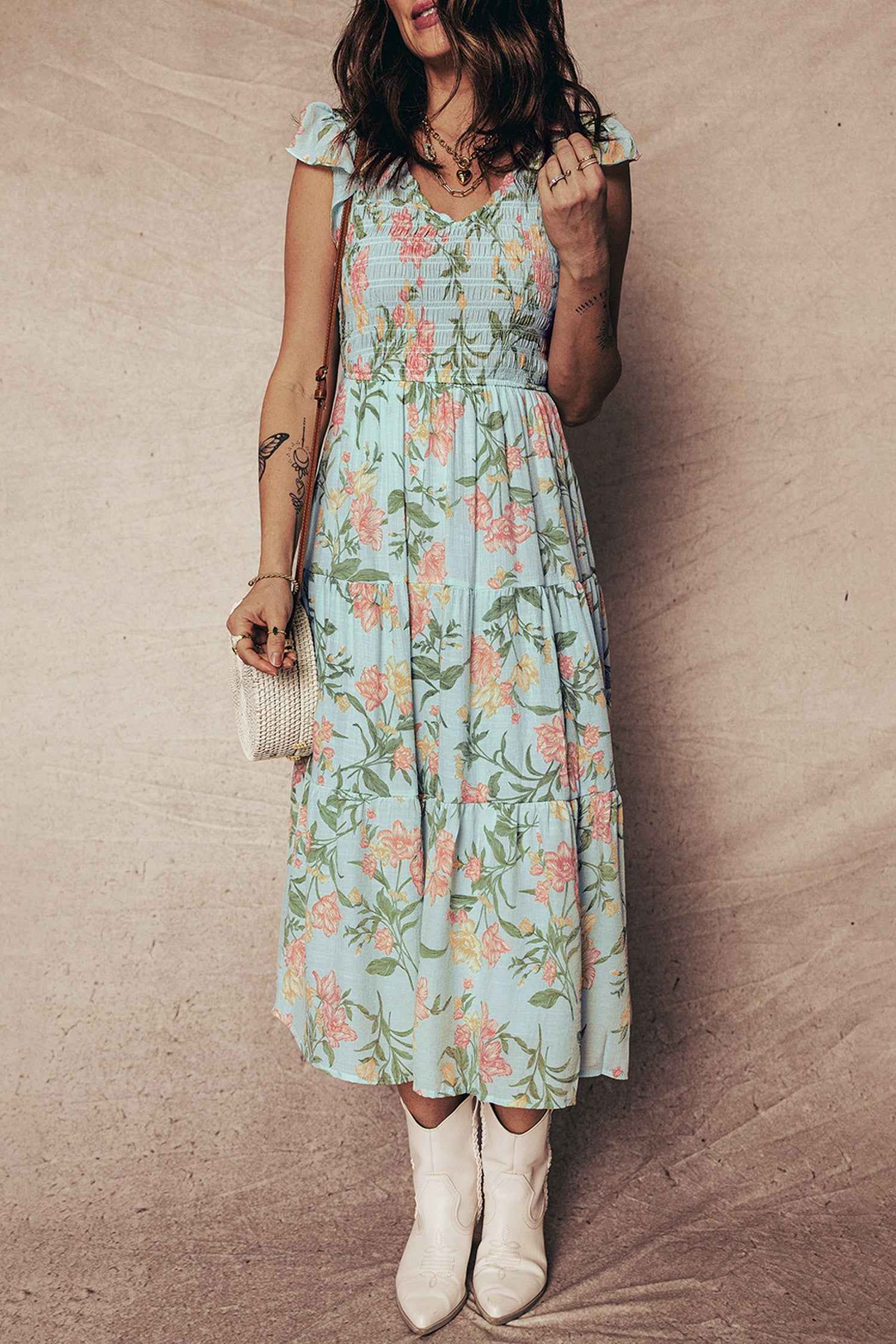 Yellow Smocked Bodice Ruffled Sleeveless Tiered Floral Maxi Dress