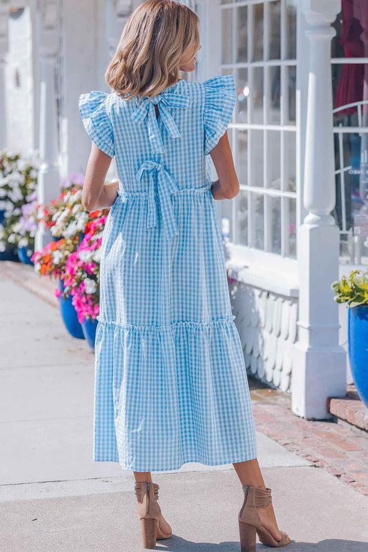 Sky Blue Knot Back Ruffled Short Sleeve Gingham Maxi Dress