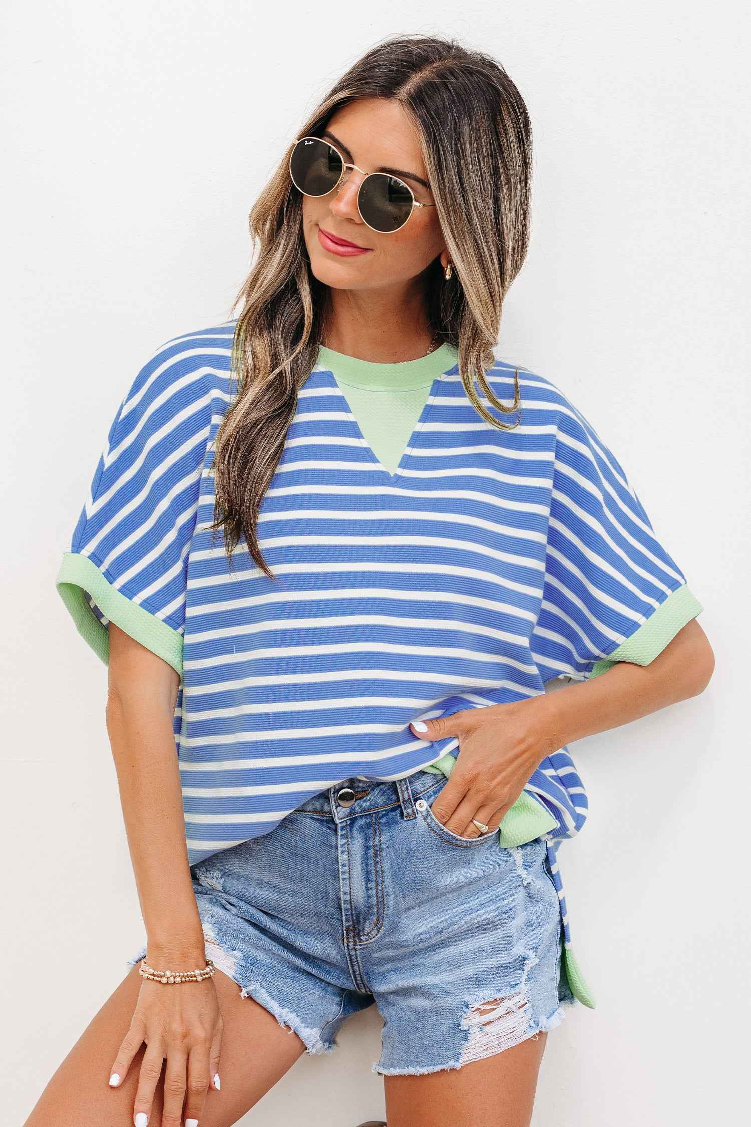 Sky Blue Stripe Contrast Trim Loose Short Sleeve Top