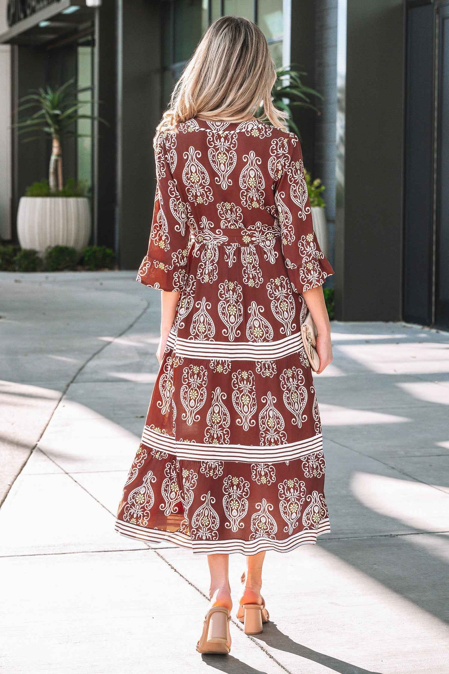 Brown Floral Print Belted Striped Trim Tiered Maxi Dress