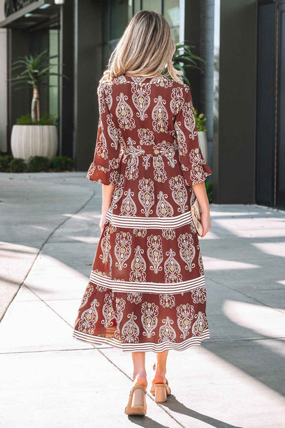 Brown Floral Print Belted Striped Trim Tiered Maxi Dress