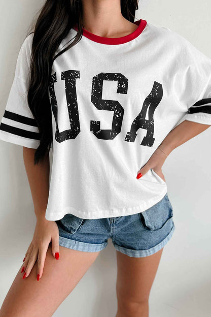 White USA Letter Printed Varsity Striped Sleeve Round Neck Tee