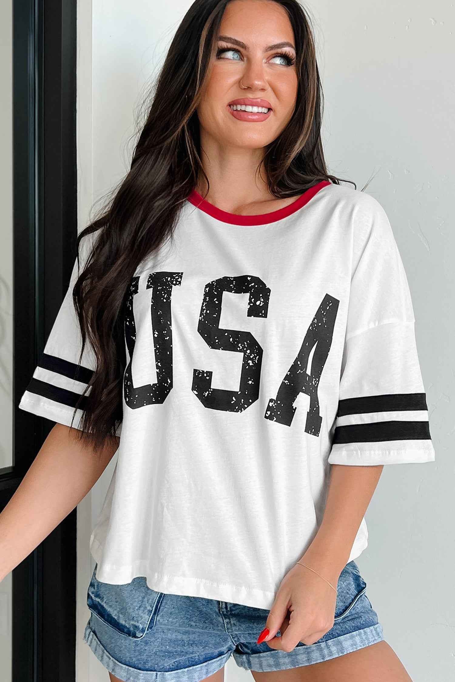 White USA Letter Printed Varsity Striped Sleeve Round Neck Tee