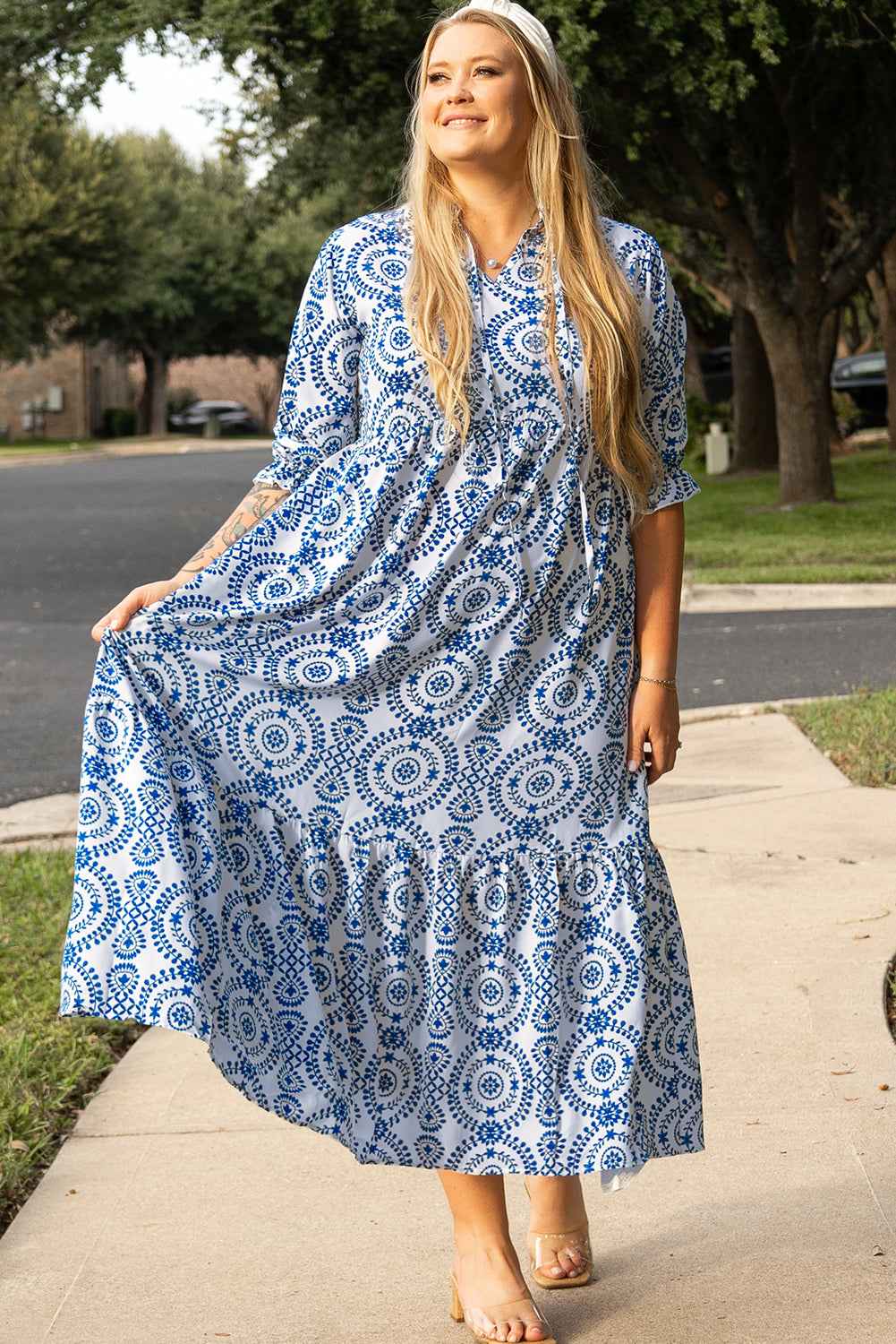 plus size maxi dress pattern Sky Blue Geometric Print Lace-up Notch Neck Plus Size Maxi Dress