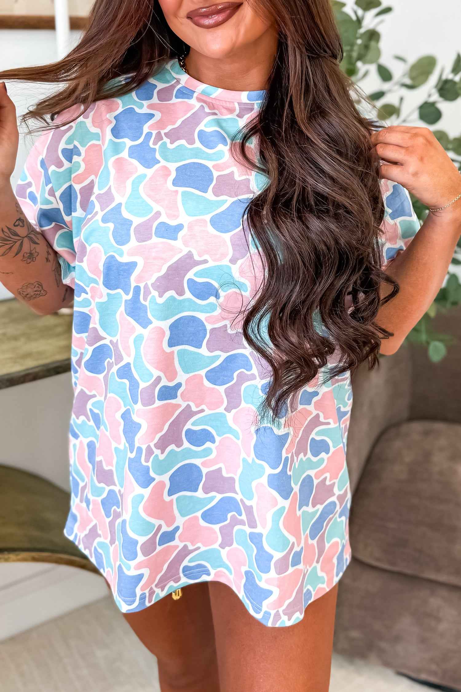 Multicolour Camouflage Print Preppy Fashion Tunic Tee