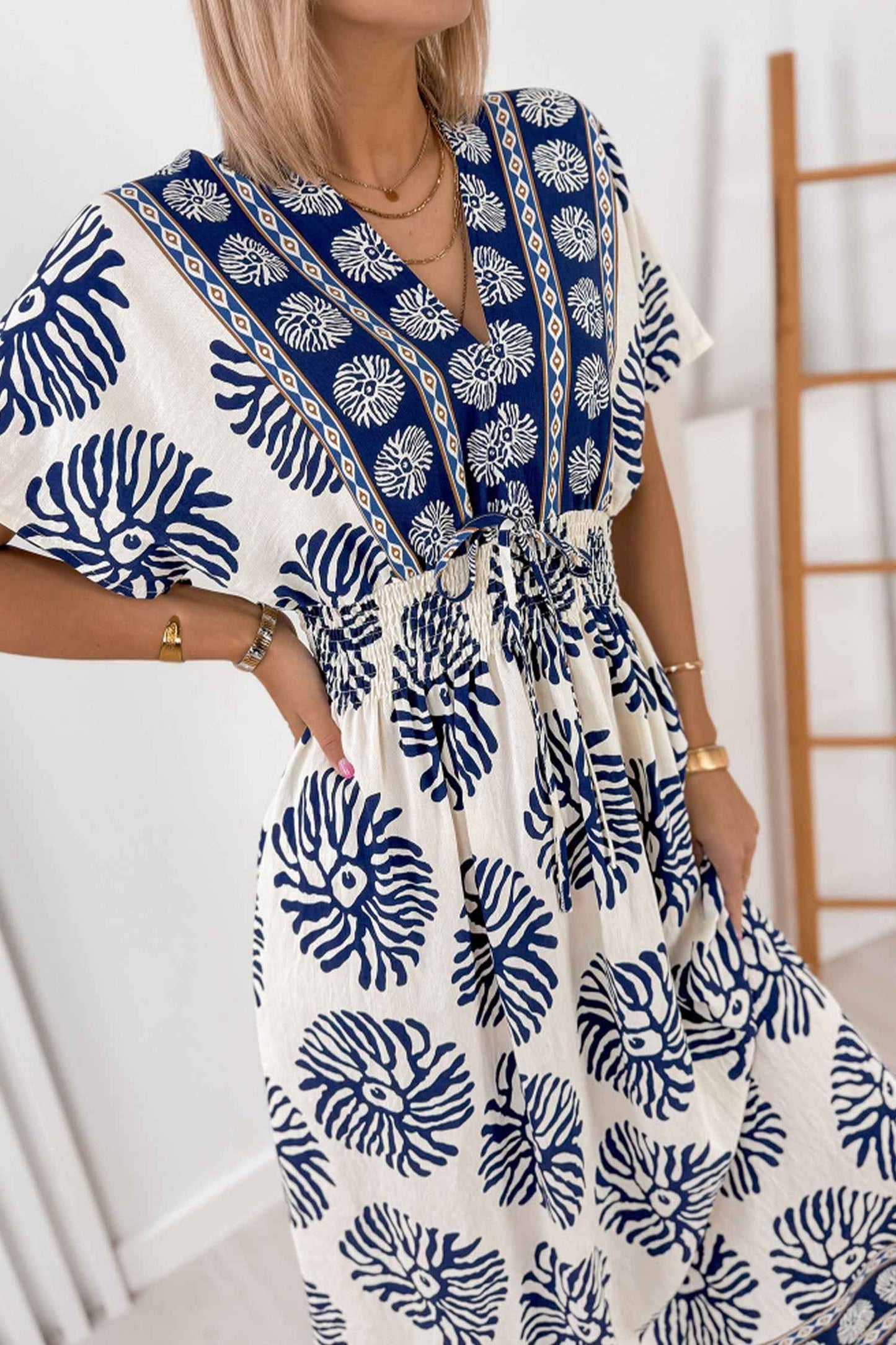 Blue Boho Floral Print Contrast Patchwork V Neck Dolman Maxi Dress